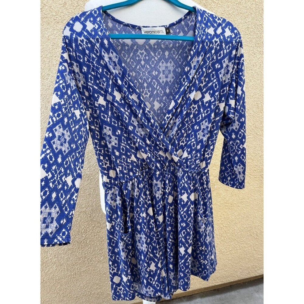 Veronica M Romper Women’s Blue 3/4 Sleeve Pockets V-neck New Size Medium New
